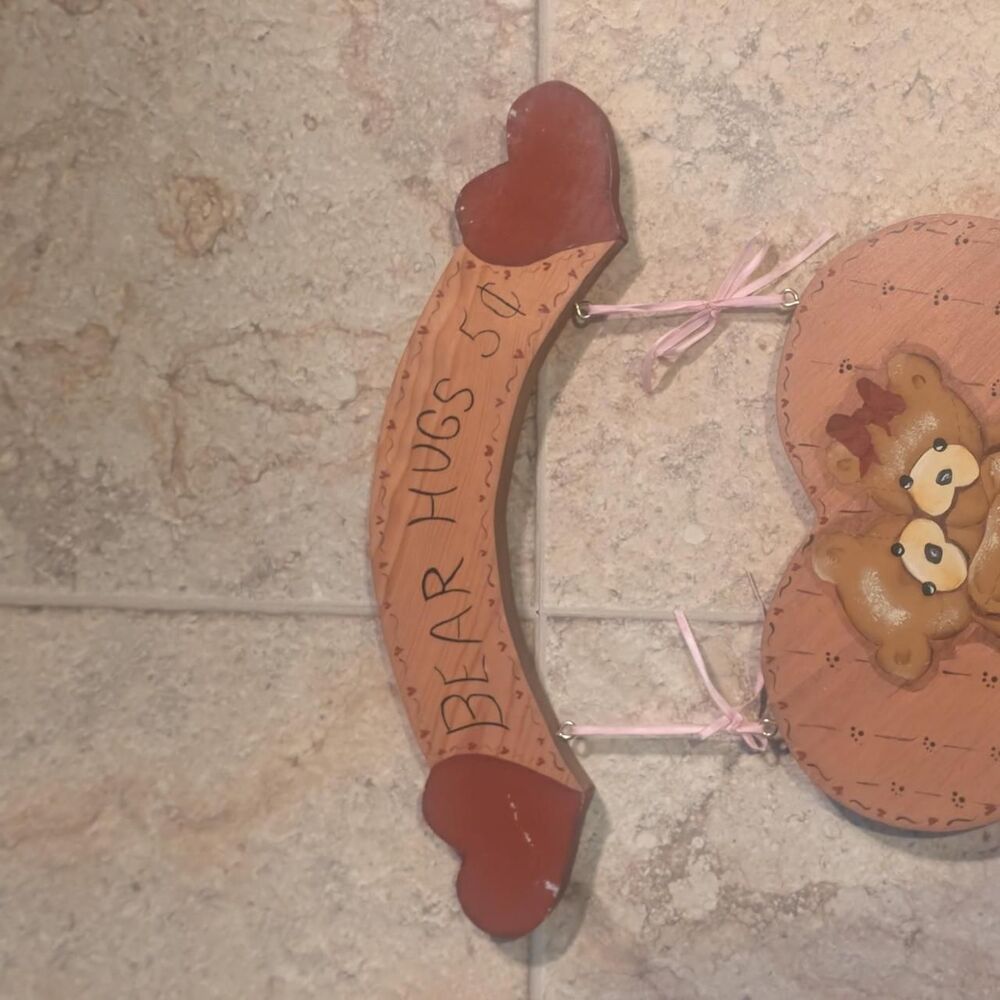 Vintage Bear Hugs Wooden Teddy Bear Heart Wall Hanging Rustic Country Decor